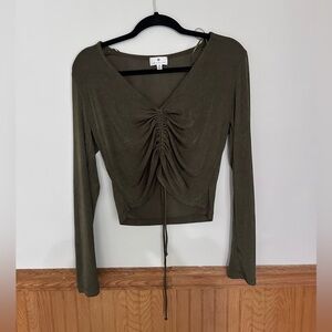 Olive Drawstring Ruched Long-Sleeve crop Top